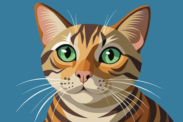un gato con ojos verdes mirando hacia arriba con un fondo azul