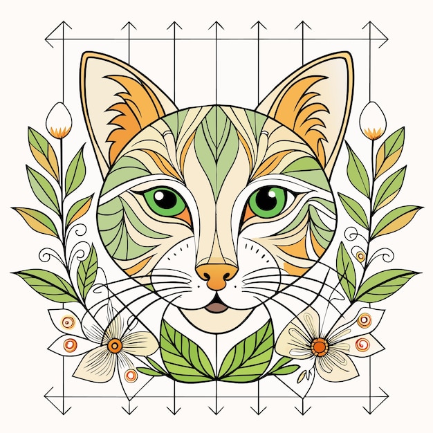 Vector un gato con ojos verdes y un patrón de flores