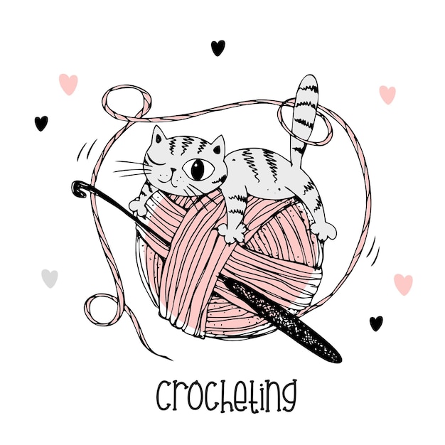 Un gato en un ovillo de lana. logotipo de crochet. vector