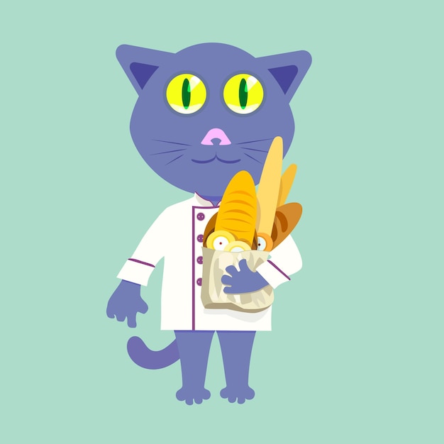 Vector el gato panadero de dibujos animados con una bata blanca sostiene una bolsa de pan, pasteles de queso, bollos de baguette, producto de panadería.