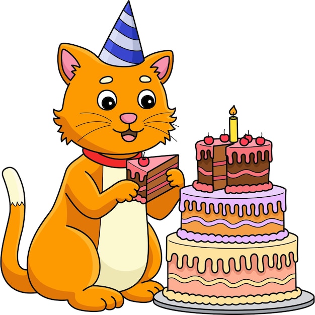 Gato con un pastel de cumpleaños Clipart de dibujos animados de colores