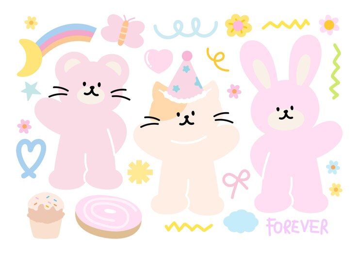 Gato pastel, oso de peluche, conejo, corazón, flor, pastel, rosquilla, mariposa, arco iris para el dibujo animado de las pegatinas de animales