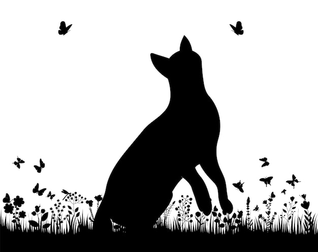gato, en, el, pasto o césped, silueta negra, aislado, vector