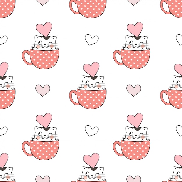 Gato de patrones sin fisuras en la taza para el día de san valentín