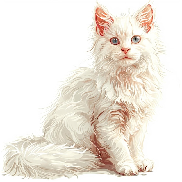 El gato peludo blanco con ojos marrones está sentado en el fondo blanco en el estilo de hiperdetallado