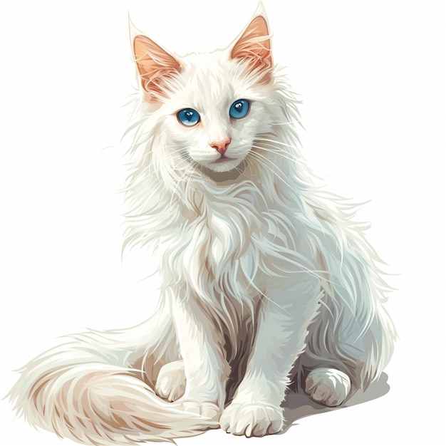 El gato peludo blanco con ojos marrones está sentado en el fondo blanco en el estilo de hiperdetallado