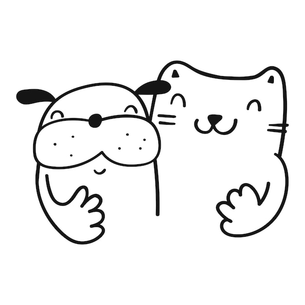 Gato y perro abrazan Vector de amistad Ilustración de contorno sobre fondo blanco