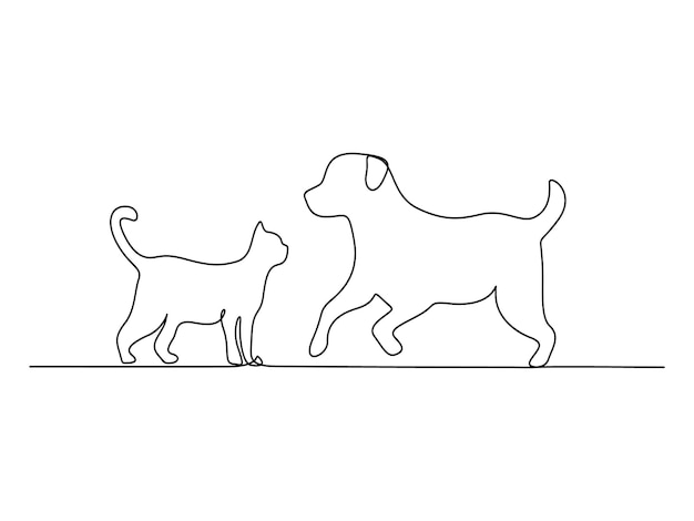 Gato y perro continua una línea de dibujo vector ilustración pro vector