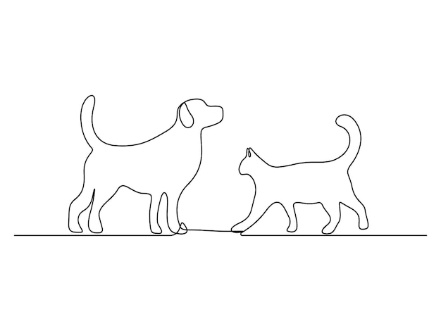 Gato y perro continua una línea de dibujo vector ilustración pro vector