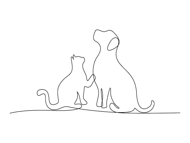 Gato y perro continua una línea de dibujo vector ilustración pro vector