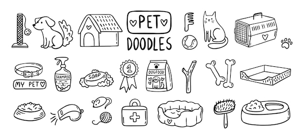 Gato y perro dibujado a mano elementos del conjunto Dibujo de objetos de mascotas iconos aislados