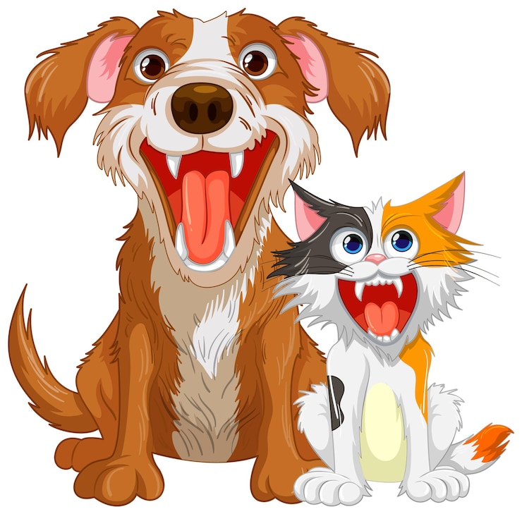 Vector gato y perro feroces con la boca abierta