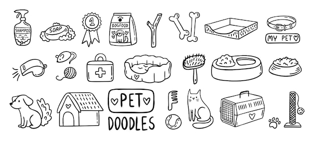 Gato y perro de mascota dibujado a mano elementos del conjunto de mascotas dibujando iconos aislados ilustración vectorial