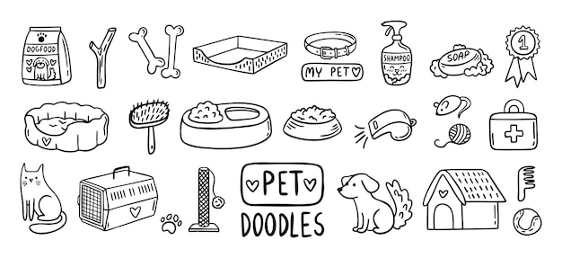 Gato y perro de mascota dibujado a mano elementos del conjunto de mascotas dibujando iconos aislados ilustración vectorial
