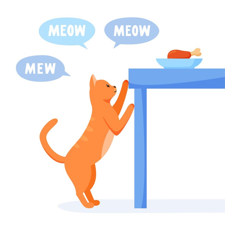 Vector el gato pide comida de la mesa y maúlla mucho pet bolsas de comida el gato roba de la mesa