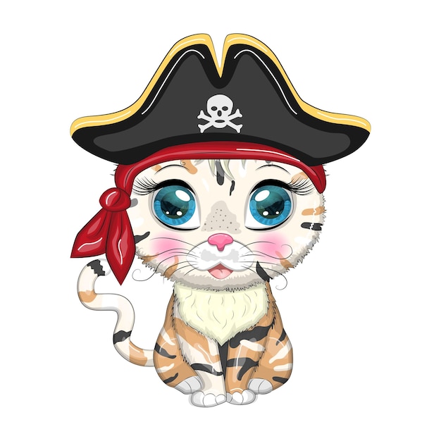 Gato pirata personaje de dibujos animados del juego gato animal salvaje en un pañuelo y un sombrero de tres picos con una calavera con un parche en el ojo