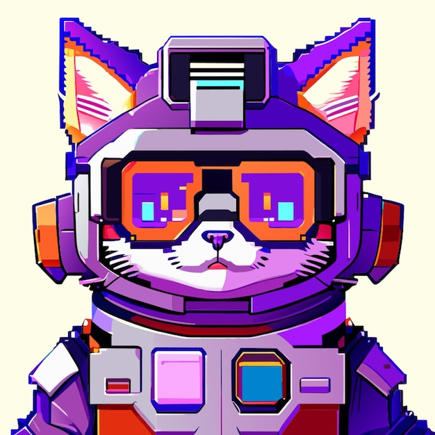 Vector gato pixel en un traje de robot casco robot gafas sonriendo rasgos faciales claros retrato a la longitud del hombro