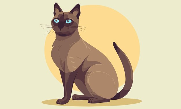 Vector un gato plano sentado frente a una ilustración de vector de fondo amarillo