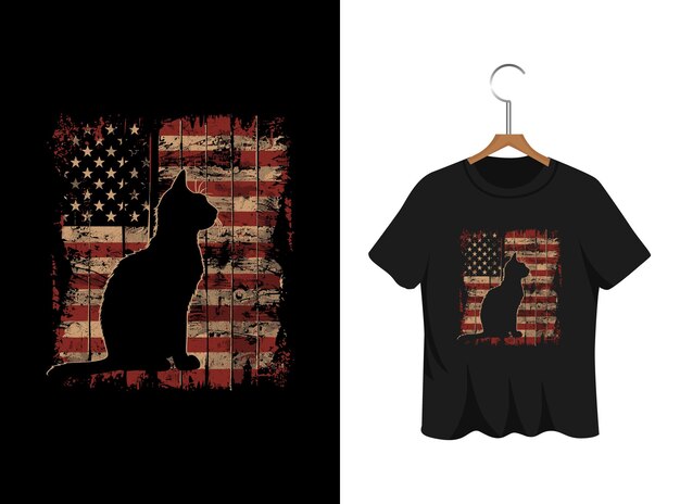 gato con una plantilla de diseño de camiseta de bandera estadounidense