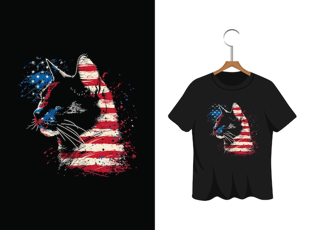 Gato con una plantilla de diseño de camiseta de bandera estadounidense