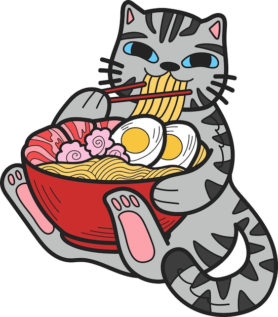 Gato rayado dibujado a mano comiendo ilustración de fideos en estilo garabato