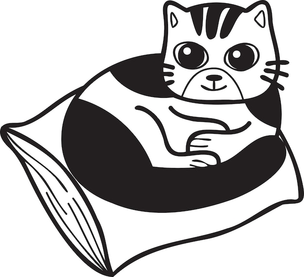 Gato rayado dibujado a mano durmiendo en la ilustración de la almohada en estilo garabato