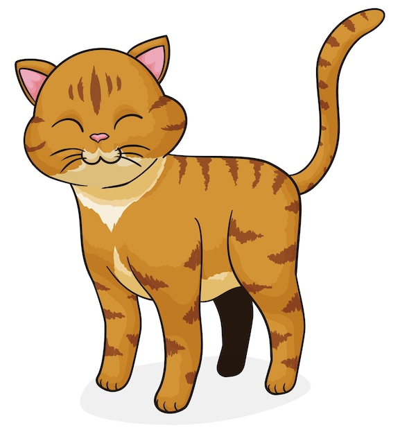 Gato a rayas de pie con pelaje naranja y gesto lindo sobre fondo blanco