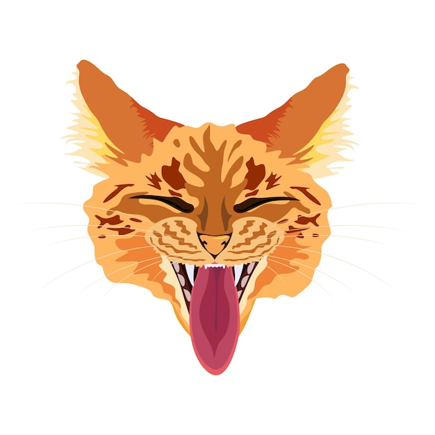 Gato rojo bostezando con la lengua colgando del hocico aislado del fondo Ilustración vectorial de una mascota