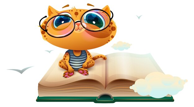 Vector gato rojo con gafas sentado libro de páginas abiertas en las nubes animal de compañía lindo lector de biblioteca