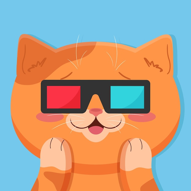 Gato rojo lindo emocionado con gafas 3D Gato viendo una película Personaje de dibujos animados lindo Ilustración vectorial