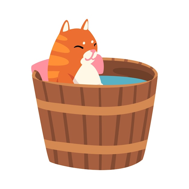 Vector gato rojo tomando un baño de aguas termales japonesas animal de compañía gracioso disfrutando del procedimiento de spa en barril de madera ilustración vectorial