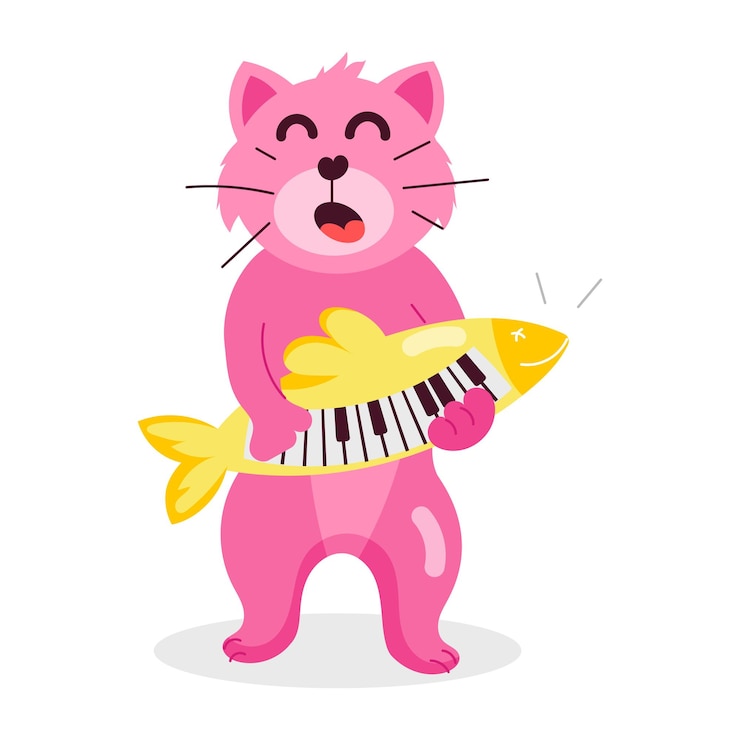 Vector un gato rosa con un pez dorado en su pecho sostiene un pez