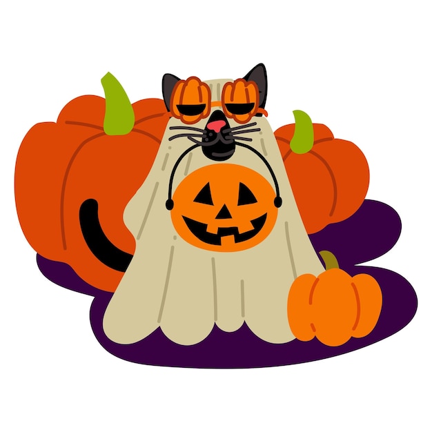Un gato en una sábana para Halloween con una canasta de dulces de calabaza en un fondo de calabasa Un gato negro