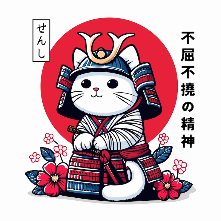 Vector gato samurai guerrero con sol rojo texto japonés que significa un espíritu que nunca se rinde y caballero