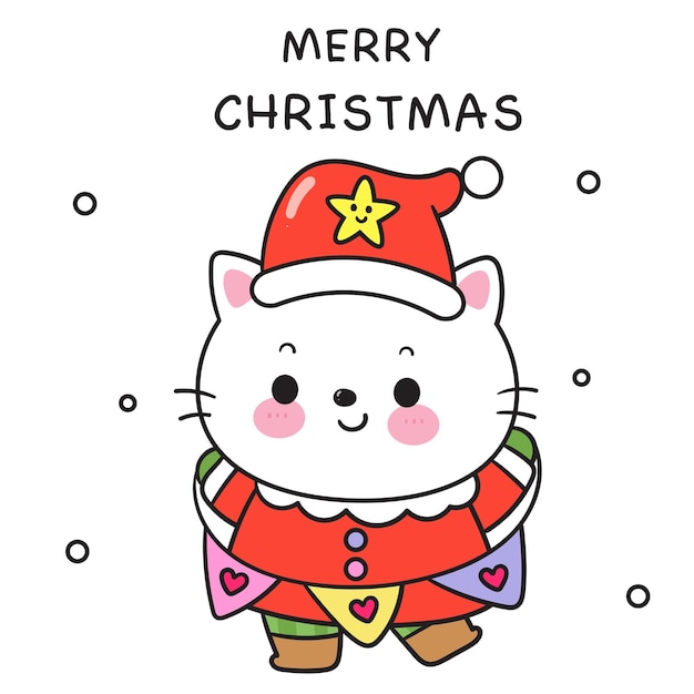 Vector gato santa navidad dibujos animados kawaii gatito feliz año nuevo tarjeta animal de invierno