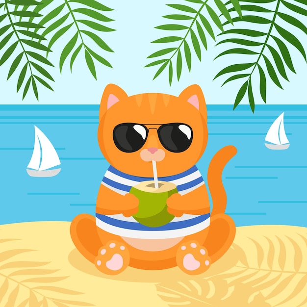 Gato sentado en la playa y bebiendo cóctel de coco Vacaciones de verano Ilustración vectorial plana