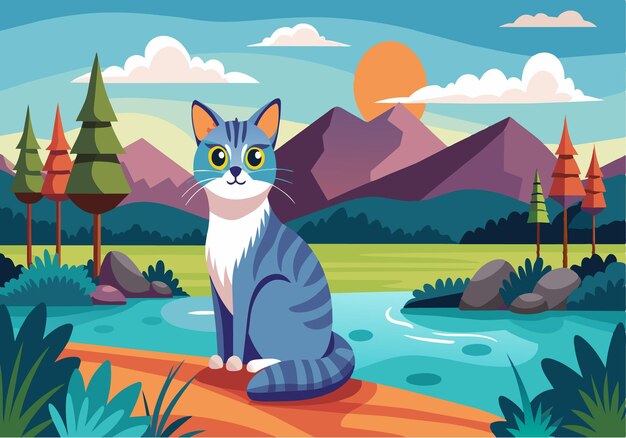 Vector un gato está sentado en una roca junto a un río