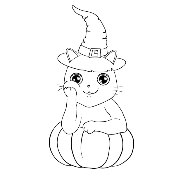 El gato está sentado sobre la calabaza aislada en blanco. ilustración vectorial.