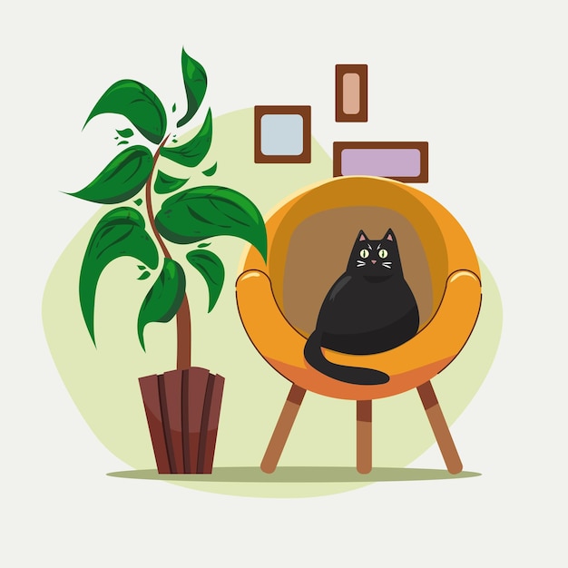 Gato sentado en el sofá con una planta detrás