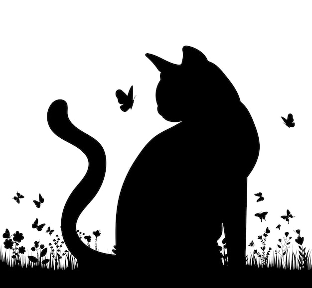 Gato sentado en el vector aislado de la silueta de la hierba