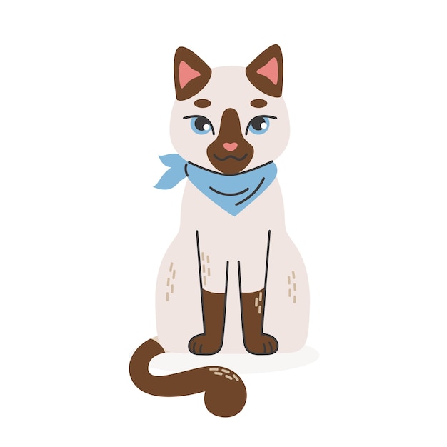Gato siamés con una bufanda azul en el cuello se sienta Ilustración vectorial de dibujos animados plana sobre fondo blanco