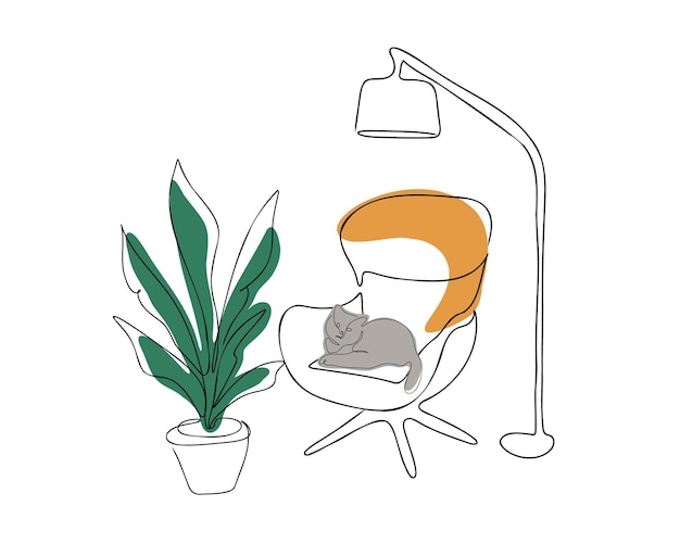 El gato en el sillón. Mascota. Cómodo salón interior con gatos sentados y plantas de interior