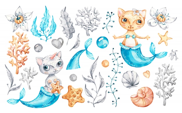 Vector gato sirena unicornio bebé niña linda. acuarela vivero dibujos animados animales marinos, vida mágica marina.