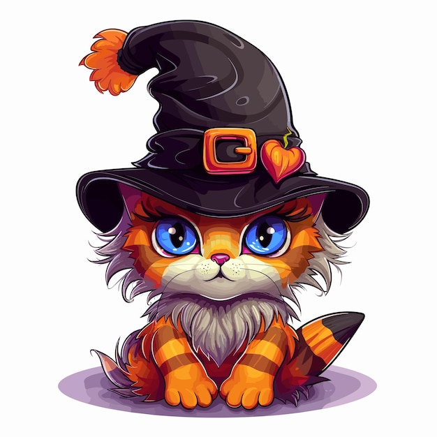 Vector gato con sombrero de bruja con calabazas