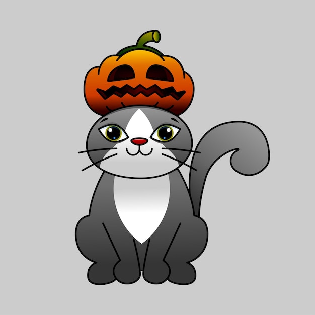 Gato en un sombrero de calabaza gato gris y calabaza calabaza sonriente para halloween ilustración vectorial