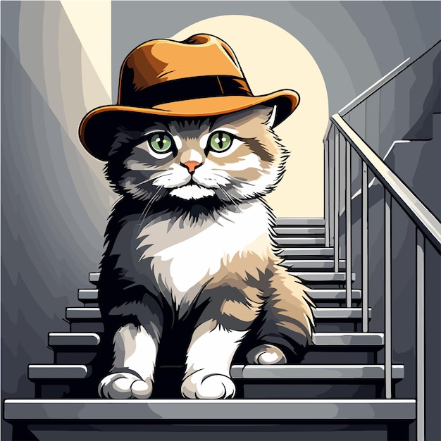 Un gato con sombrero en las escaleras.