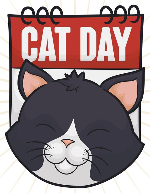 Gato sonriente sobre un calendario de hojas sueltas que promueve la celebración del día del gato