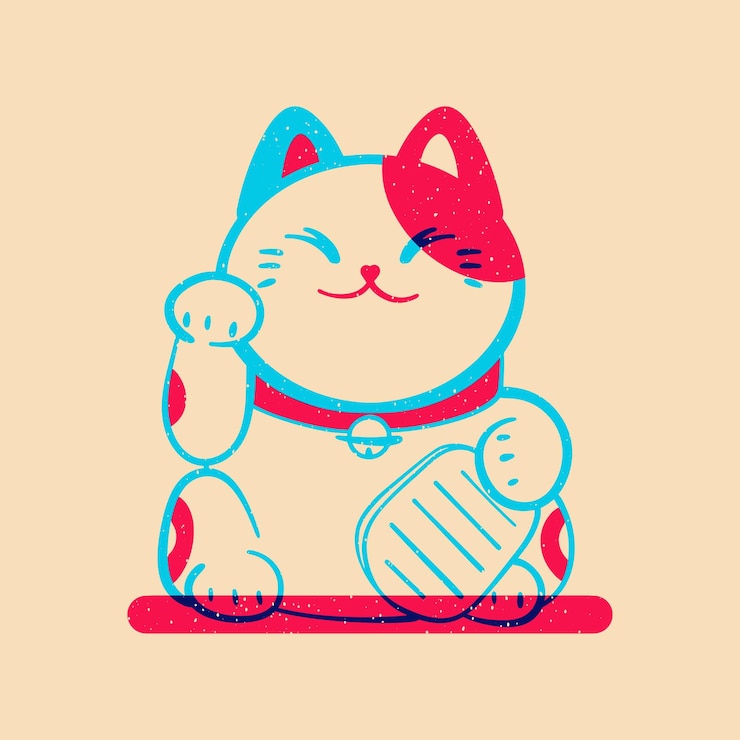 Vector gato de la suerte efecto de impresión de pantalla lindo colorido efecto de impresión riso ilustración vectorial