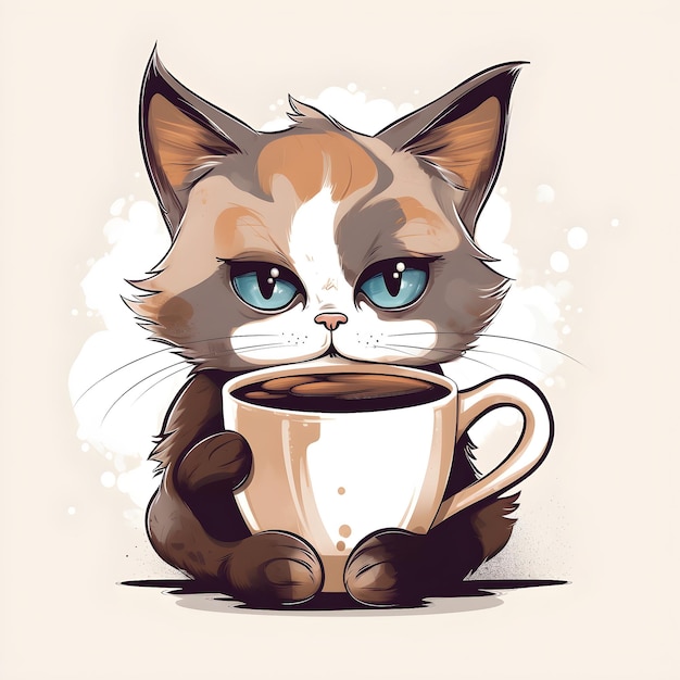 Un gato con una taza de café está levantando la pata.