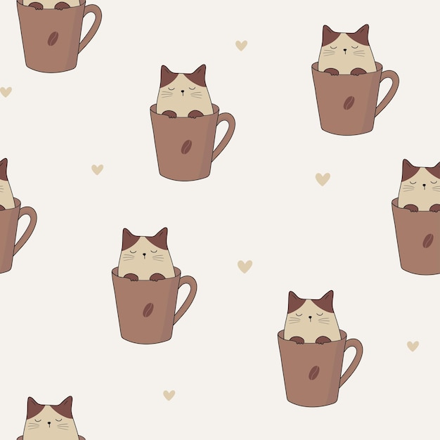 Gato en una taza de café de patrones sin fisuras Adorable gatito en taza de café Lindo corazón de gato y café